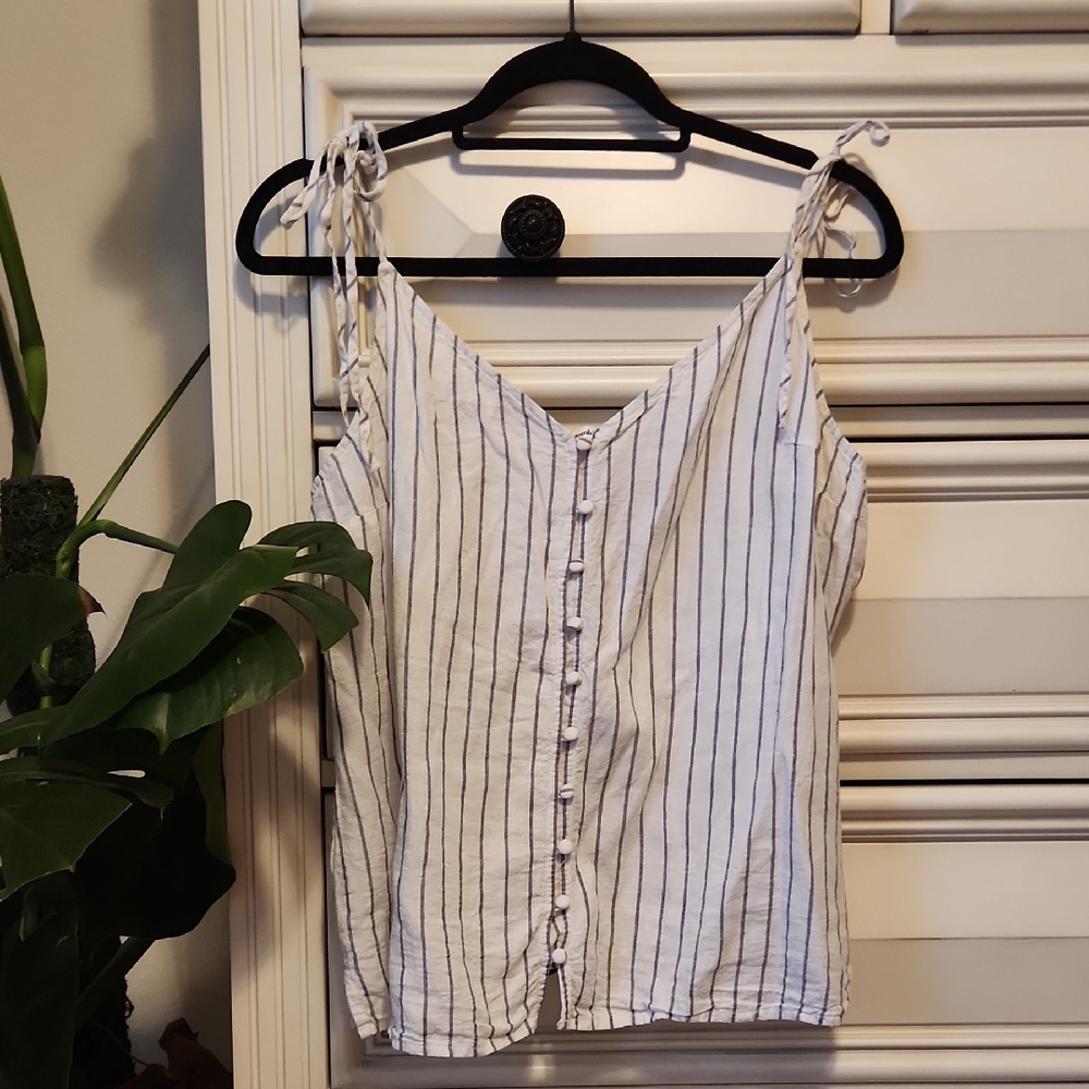 Abercrombie & Fitch Linen White Tank with Navy Pinstripes and Tie Shoulders